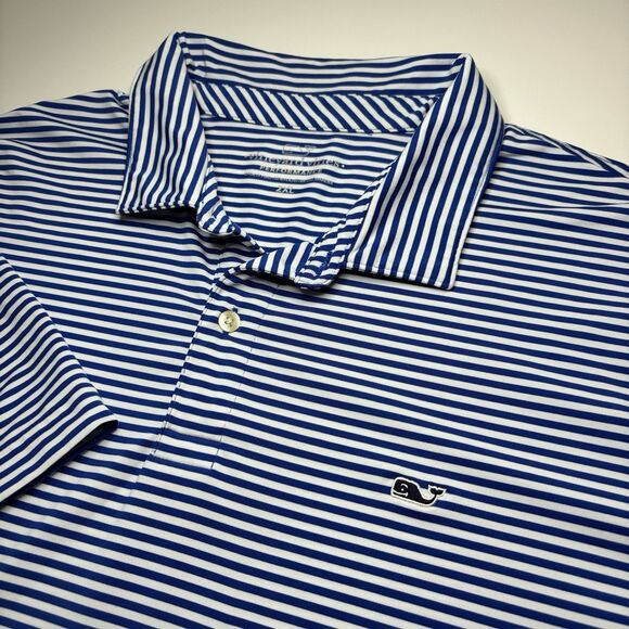 Vineyard Vines Performance Polo Shirt Mens XXL Blue White Stripe Golf Whale Logo - Picture 3 of 7